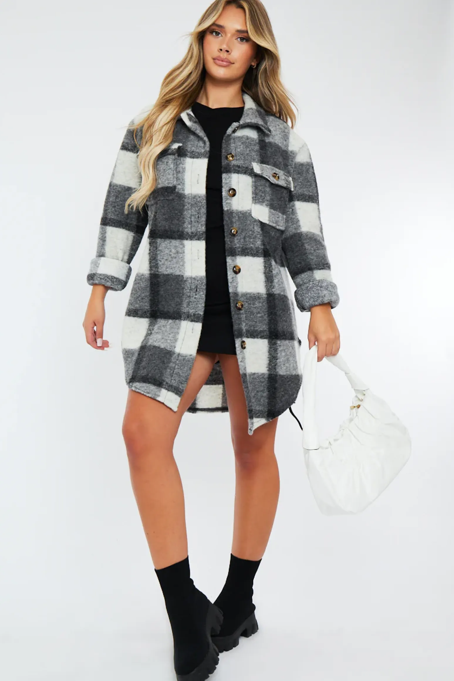 Rebellious Fashion Grey Checked Pocket Front Shacket - Dalani