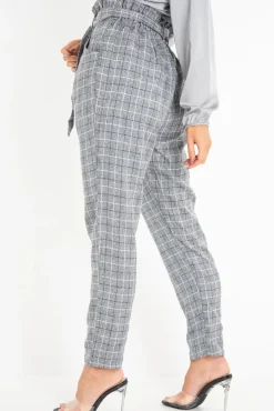 Rebellious Fashion Grey Check Paper Bag Trousers - Irma