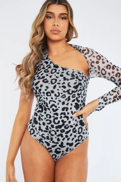Rebellious Fashion Grey Cheetah Print Mesh One Sleeve Bodysuit - Kaz