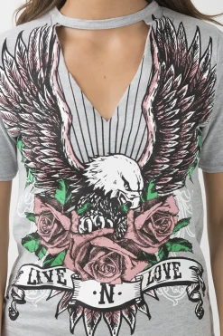 Rebellious Fashion Grey Choker Live N Love Eagle Print T Shirt Dress - Tia