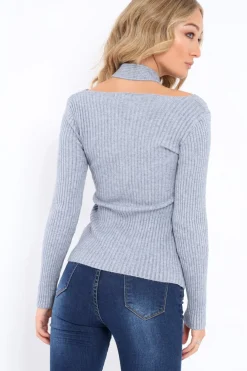 Rebellious Fashion Grey Choker Twist Knit Jumper - Maya