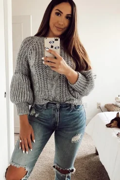 Rebellious Fashion Grey Chunky Knit Balloon Sleeve Jumper - Rielynn