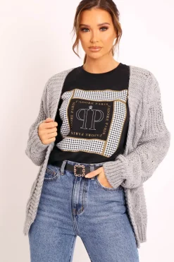 Rebellious Fashion Grey Chunky Knit Cable Pattern Cardigan - Luna