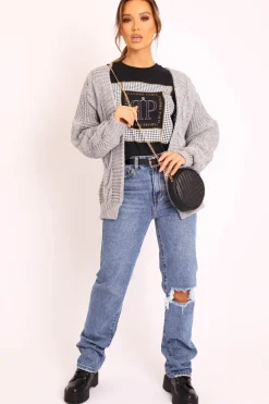 Rebellious Fashion Grey Chunky Knit Cable Pattern Cardigan - Luna