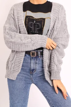 Rebellious Fashion Grey Chunky Knit Cable Pattern Cardigan - Luna