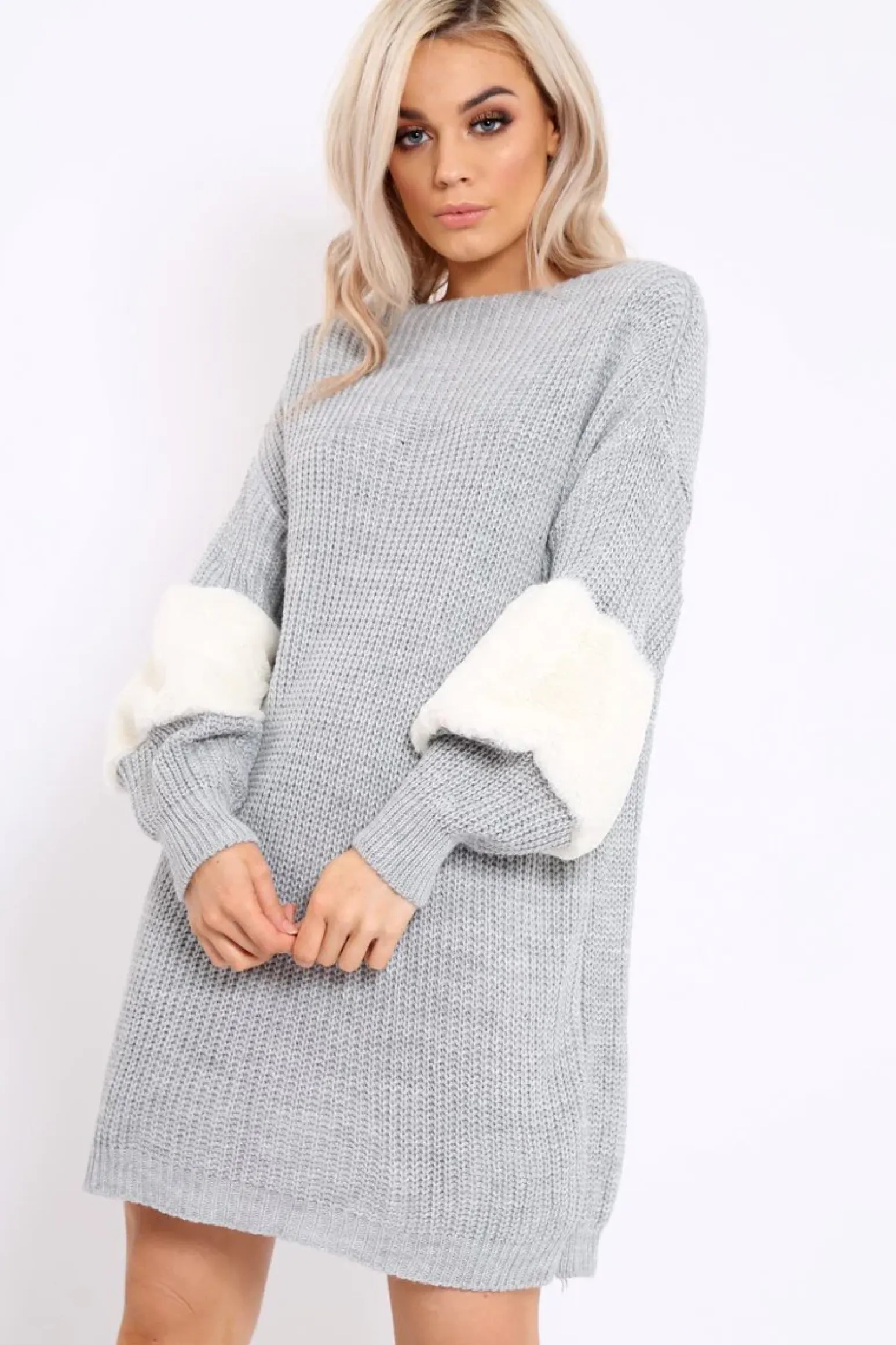Rebellious Fashion Grey Chunky Knit Fur Sleeve Jumper Dress - Jaycee