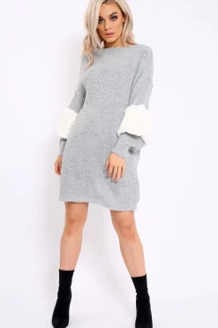 Rebellious Fashion Grey Chunky Knit Fur Sleeve Jumper Dress - Jaycee
