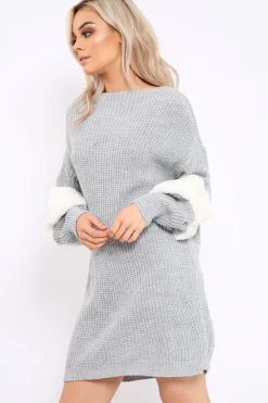 Rebellious Fashion Grey Chunky Knit Fur Sleeve Jumper Dress - Jaycee