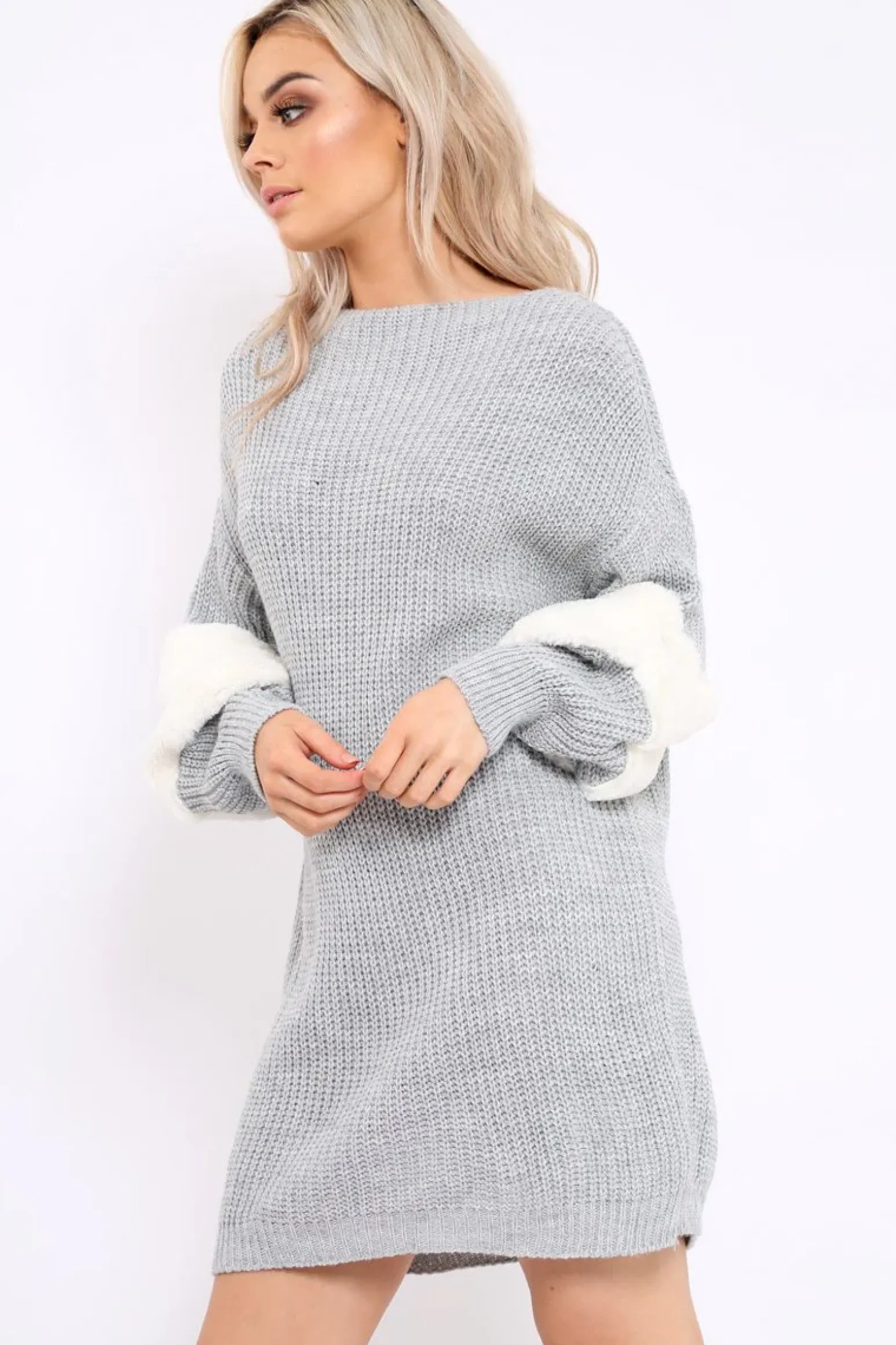 Rebellious Fashion Grey Chunky Knit Fur Sleeve Jumper Dress - Jaycee