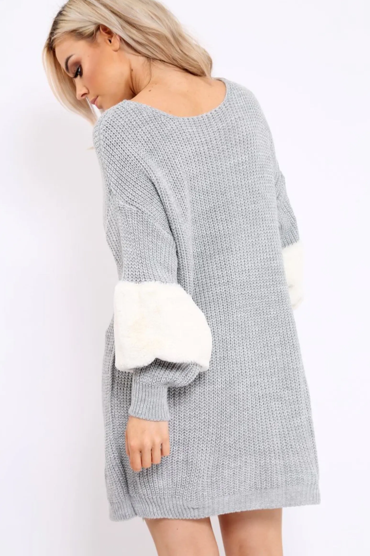 Rebellious Fashion Grey Chunky Knit Fur Sleeve Jumper Dress - Jaycee