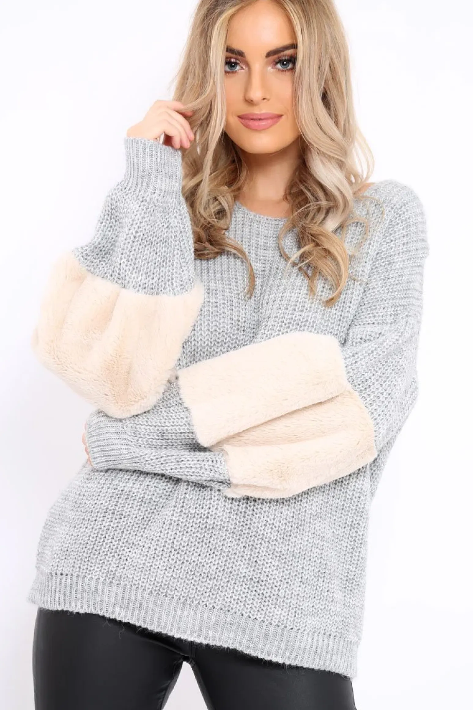 Rebellious Fashion Grey Chunky Knit Fur Sleeve Jumper - Kimberly