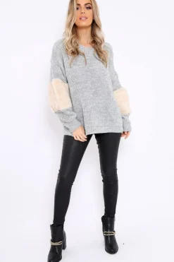 Rebellious Fashion Grey Chunky Knit Fur Sleeve Jumper - Kimberly