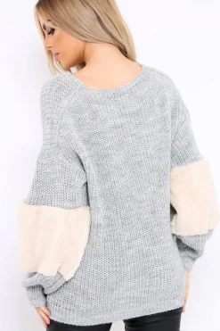 Rebellious Fashion Grey Chunky Knit Fur Sleeve Jumper - Kimberly