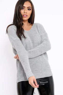 Rebellious Fashion Grey Chunky Knit Lace Up Back Jumper - Perrie