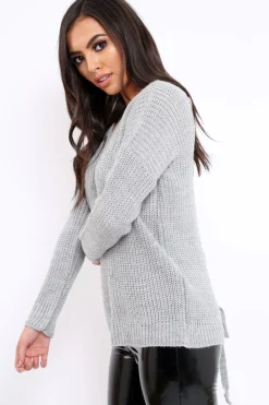Rebellious Fashion Grey Chunky Knit Lace Up Back Jumper - Perrie