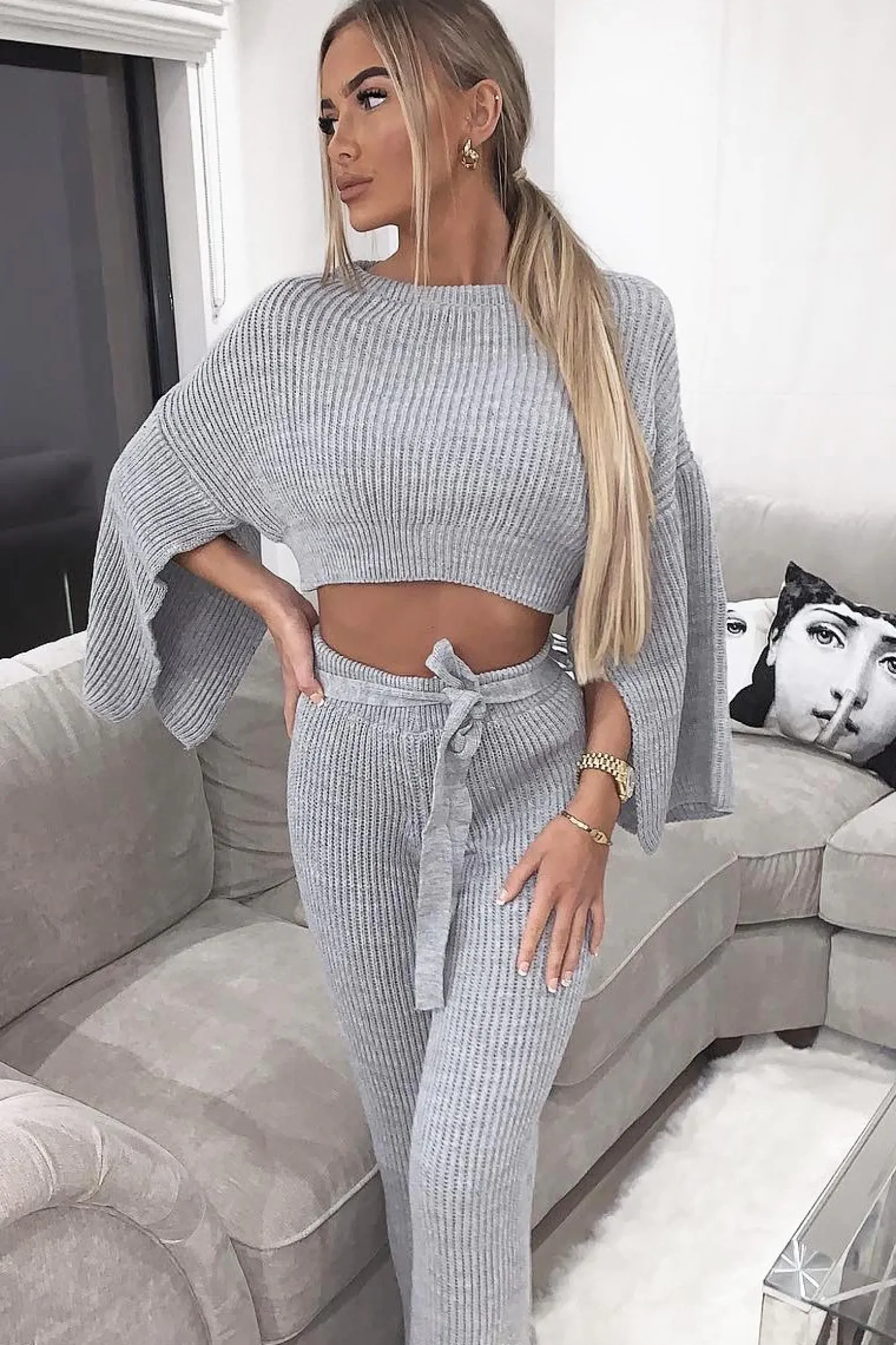 Rebellious Fashion Grey Chunky Knit Loungewear Set - Harper