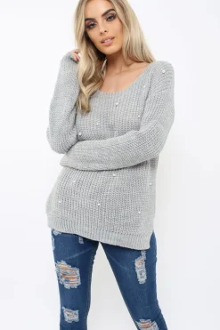 Rebellious Fashion Grey Chunky Knit Pearl Jumper - Terri