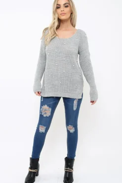 Rebellious Fashion Grey Chunky Knit Pearl Jumper - Terri