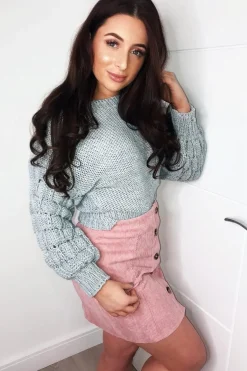 Rebellious Fashion Grey Chunky Knit Sleeve Detail Cropped Jumper - Danyela