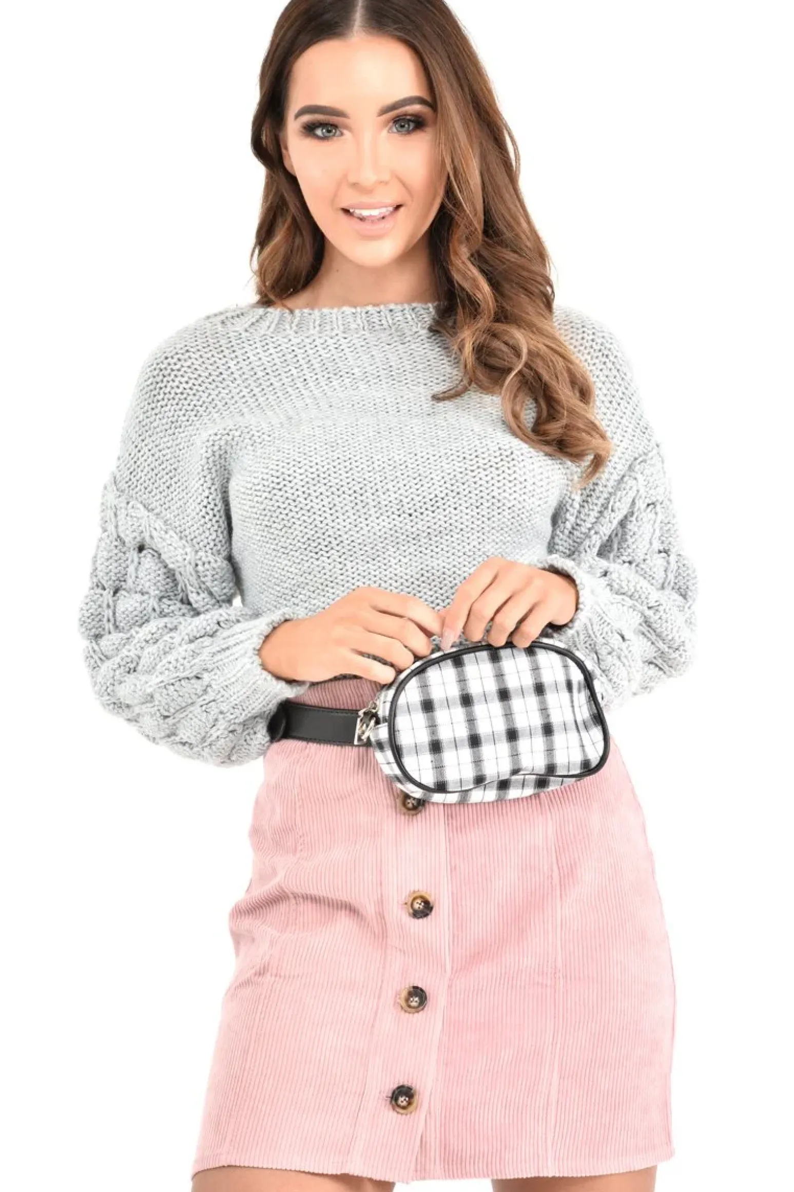 Rebellious Fashion Grey Chunky Knit Sleeve Detail Cropped Jumper - Danyela