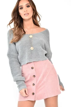 Rebellious Fashion Grey Chunky Knit V Back Crop Jumper - Priscilla