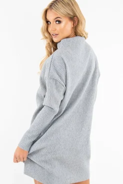 Rebellious Fashion Grey Chunky Rib Slash Neck Jumper Dress - Kameron