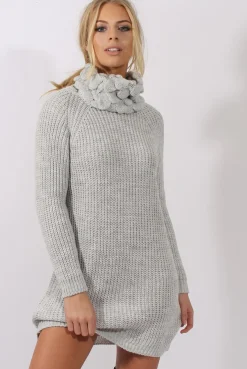 Rebellious Fashion Grey Chunky Turtleneck Knit Jumper Dress - Cloe