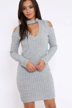 Rebellious Fashion Grey Cold Shoulder and V Neck Cut Out Dress - Riona