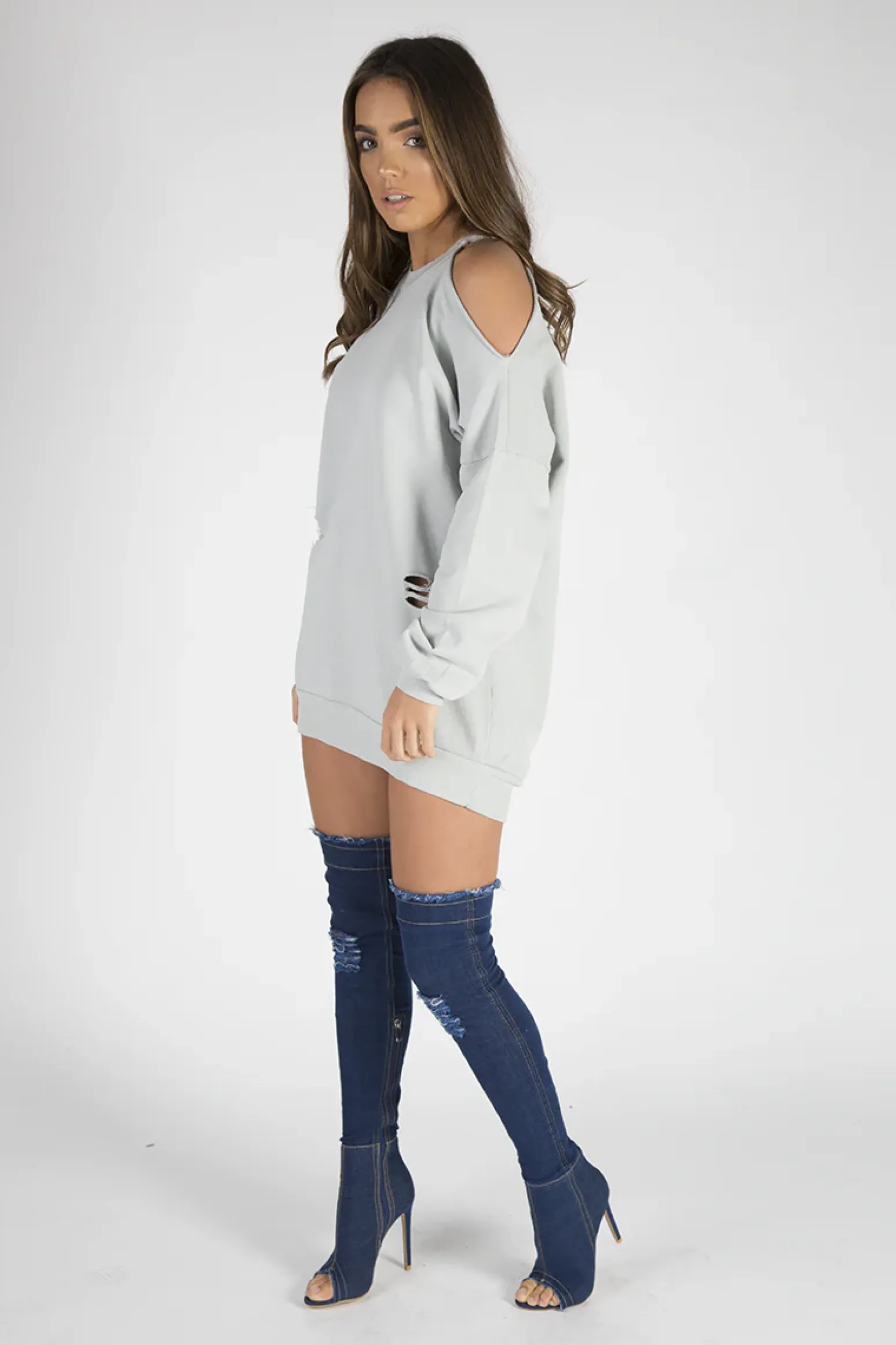 Rebellious Fashion Grey Cold Shoulder Distressed Jumper Dress - Kylie