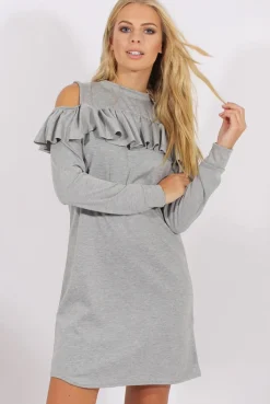 Rebellious Fashion Grey Cold Shoulder Frill Layer Swing Dress - Megan