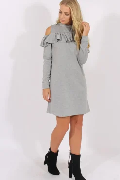 Rebellious Fashion Grey Cold Shoulder Frill Layer Swing Dress - Megan