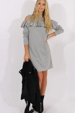 Rebellious Fashion Grey Cold Shoulder Frill Layer Swing Dress - Megan