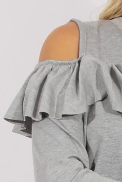 Rebellious Fashion Grey Cold Shoulder Frill Layer Swing Dress - Megan