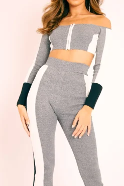 Rebellious Fashion Grey Colour Block Bardot Crop Legging Co-ord - Sheyla