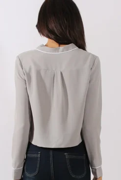 Rebellious Fashion Grey Contrast Piping Cropped Shirt - Simone
