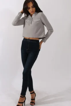 Rebellious Fashion Grey Contrast Piping Cropped Shirt - Simone