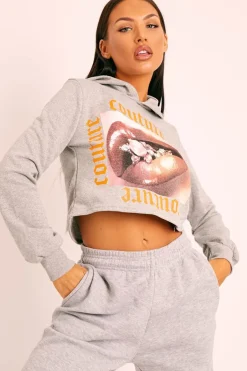 Rebellious Fashion Grey Couture Graphic Cropped Hoodie - Camia