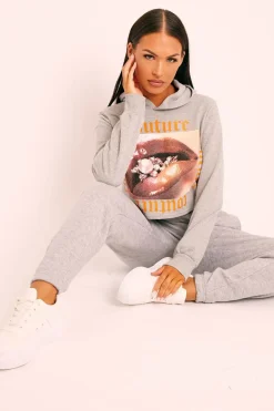 Rebellious Fashion Grey Couture Graphic Cropped Hoodie - Camia