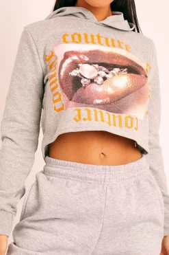 Rebellious Fashion Grey Couture Graphic Cropped Hoodie - Camia