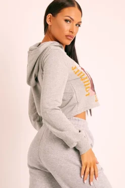 Rebellious Fashion Grey Couture Graphic Cropped Hoodie - Camia