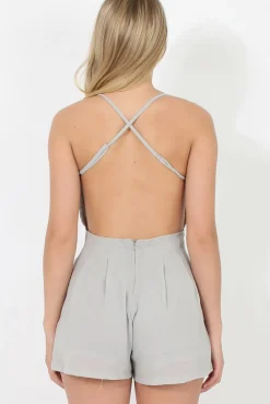 Rebellious Fashion Grey Crochet Cross Back Playsuit- Quinn