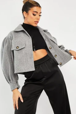 Rebellious Fashion Grey Cropped Balloon Sleeve Shacket - Lexia
