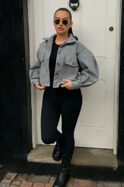 Rebellious Fashion Grey Cropped Balloon Sleeve Shacket - Lexia