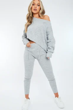 Rebellious Fashion Grey Cropped Knit Sweatshirt & Leggings Set - Damara
