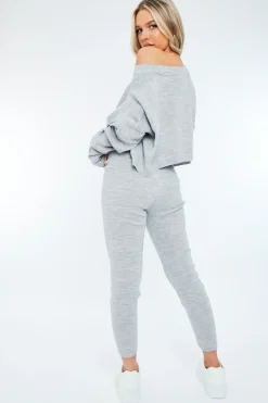 Rebellious Fashion Grey Cropped Knit Sweatshirt & Leggings Set - Damara