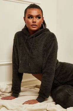 Rebellious Fashion Grey Cropped Teddy Hoodie - Amyia