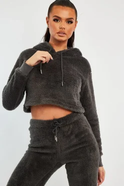 Rebellious Fashion Grey Cropped Teddy Hoodie - Amyia