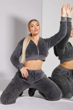 Rebellious Fashion Grey Cropped Teddy Zip Up Hoodie - Cheryl