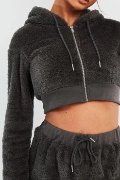 Rebellious Fashion Grey Cropped Teddy Zip Up Hoodie - Cheryl