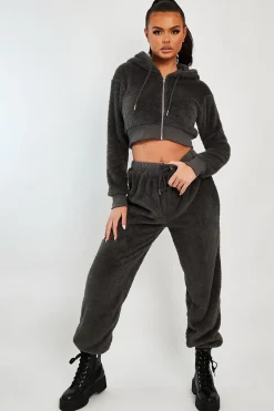 Rebellious Fashion Grey Cropped Teddy Zip Up Hoodie - Cheryl
